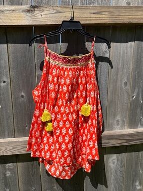 Nicole Miller Orangish-Red Floral Tassel Spaghetti-Strap Camisole